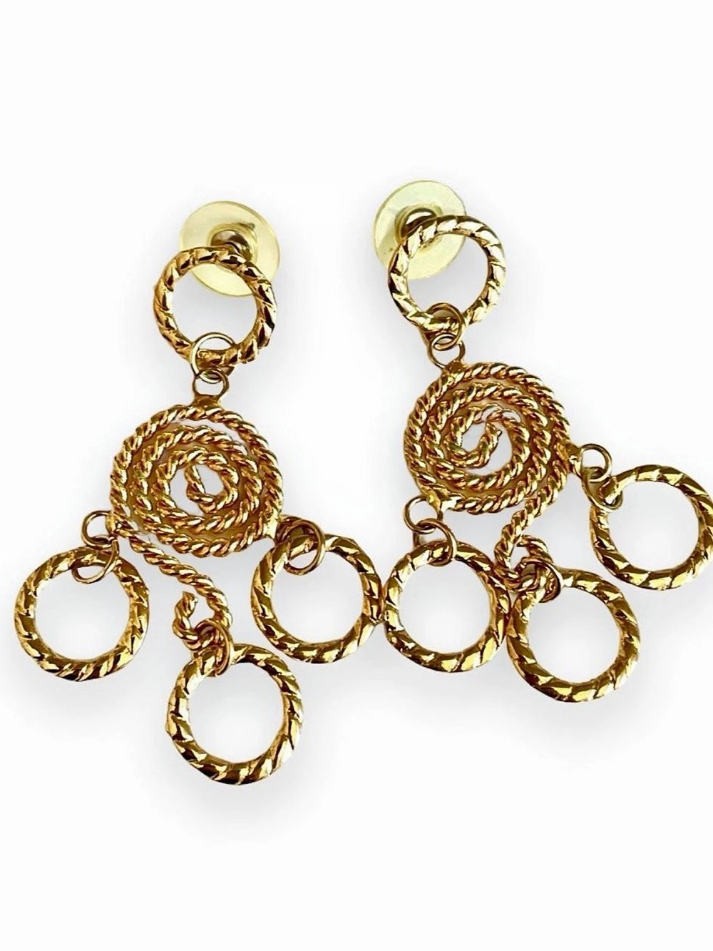 Vintage 1980s Gold Spiral Swirl Rope Dangle Earrings 3 Drop Rings Geometric Boho